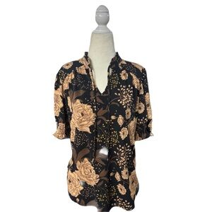 Adrianna Papell rose floral pullover top w string tie at neck M black brown tan